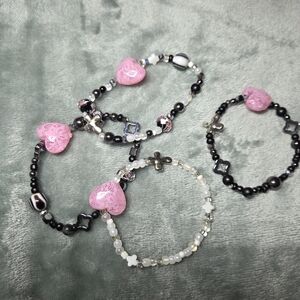 Pink Heart Charm & Black Beaded Bracelet